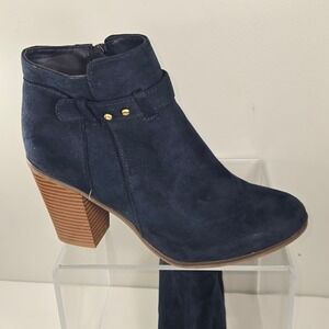 Merona Womens Navy Blue Faux Suede Ankle Boots Block Heel Size 9.5 booties